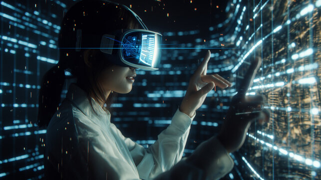 Young girl getting experience VR headset is using augmented reality eyeglasses being in virtual reality. Girl with hands up wearing virtual reality goggles. Woman touching air during VR experience