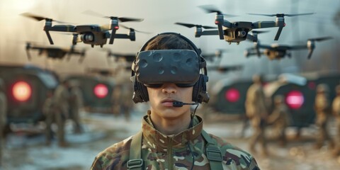 A soldier wearing virtual reality goggles looks at a swarm of drones. AI.