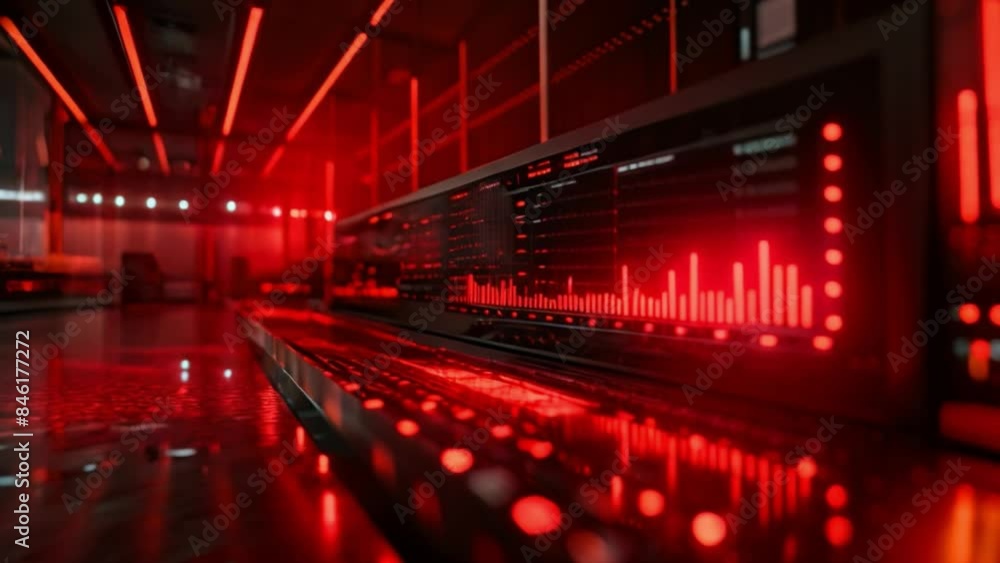 Poster a close-up shot of a large screen displaying stock market data, with a line graph and bar chart illu