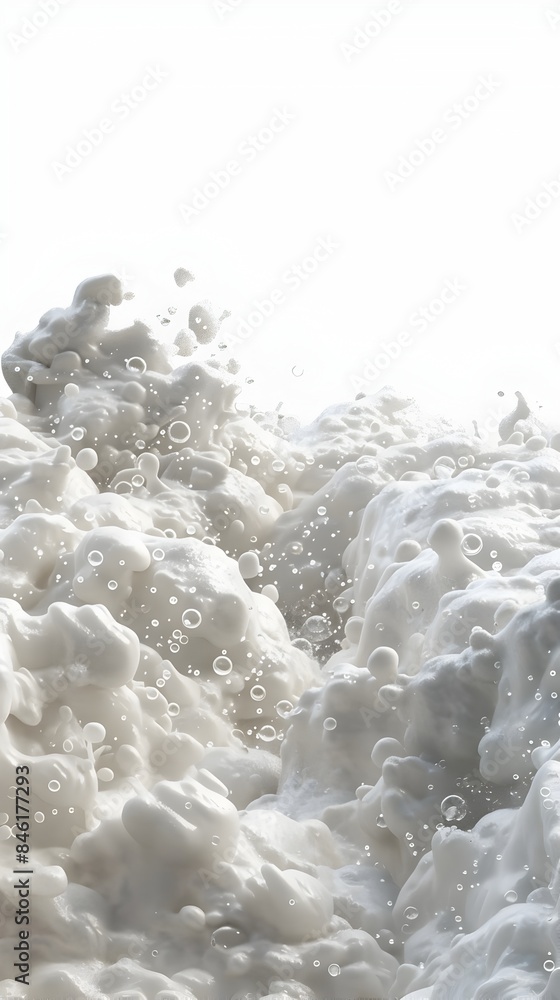 Poster foamy bubbles clinging to the surface of a bubbling spring on a pristine white background