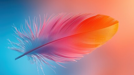 A colorful bird feather gracefully floats through the air a soft gradient background. Aesthetic design. Generative AI