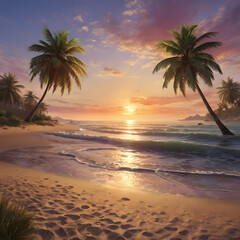 Sunny exotic beach by the ocean with palm trees at sunset summer vacation by the sea photography