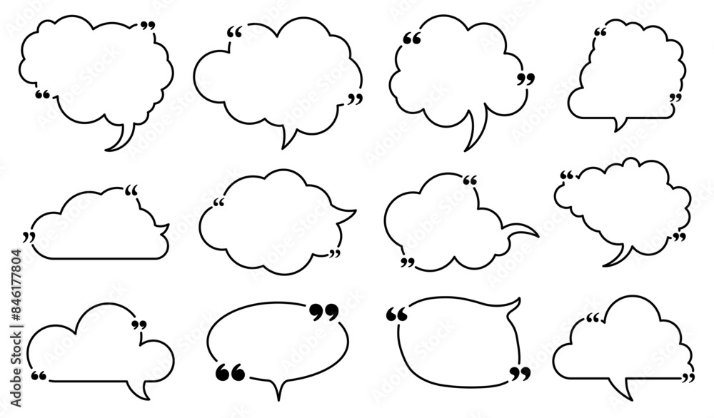 Poster cloud-shaped speech bubbles with quotation marks set
