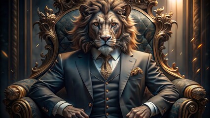 Glamorous Dark Lion In An Expensive Suit, The King Of Beasts, The Boss Is Sitting In A Luxurious Chair.