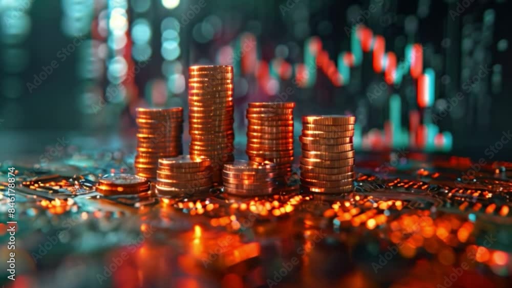 Poster stacks of coins are arranged on a circuit board against a blurred background of a fluctuating stock 