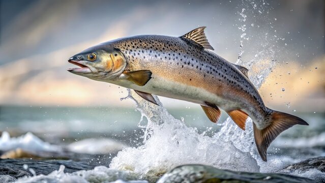 Atlantic Salmon Leaping From The Water, Isolated On Transparent Background, Cut Out In A Single Continuous Line, Displaying A Powerful Burst Of Energy.