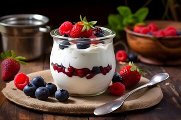 Greek yogurt with fresh berries on wooden background