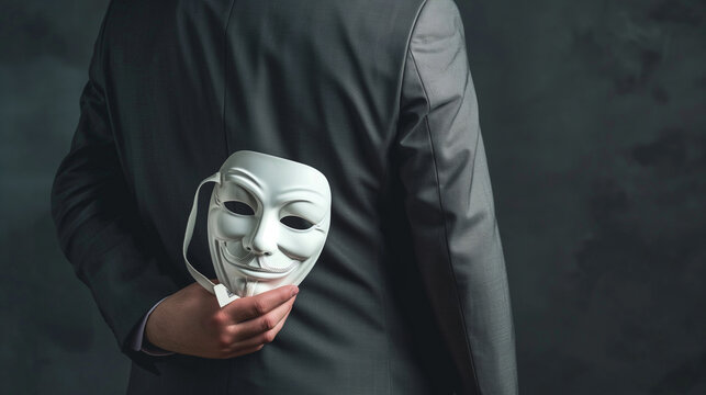 Businessman in suit holding white mask behind his back, symbolizing deception and hypocrisy in corporate environments. Concept of dishonesty and two-faced behavior in business