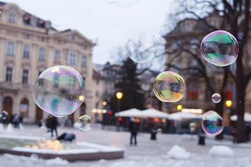The whimsical sight of soap bubbles floating over a city square