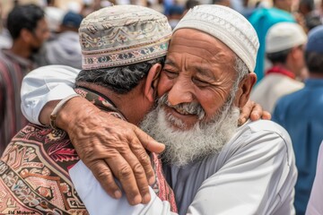 Muslims greeting each other with "Eid Mubarak" hugs and smiles after Eid prayer
