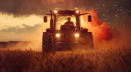 Agricultural machine  tractor or combine working on a field growing wheat or vegetables. Theme of the agricultural industry's role in food production.