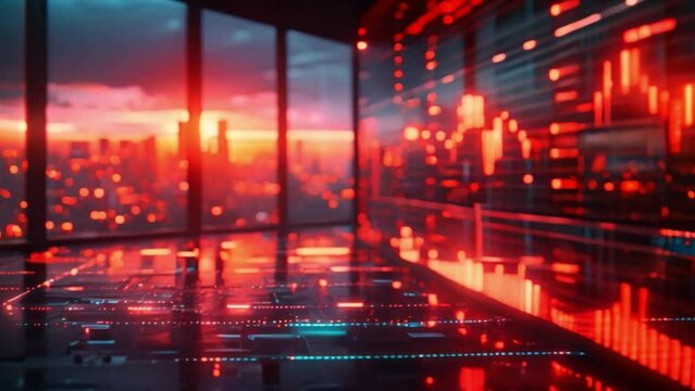 A digital display of stock market data in a room with large windows overlooking a city skyline at sunset.