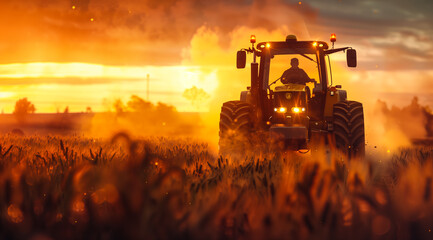 Agricultural machine  tractor or combine working on a field growing wheat or vegetables. Theme of the agricultural industry's role in food production.