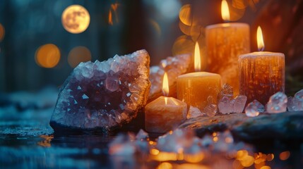 Lunar Magic Background Featuring Manifestation Rituals with Crystals and Candles, Enchanting and Mystical Atmosphere