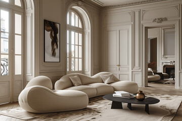 Elegant Parisian interior design with minimalist principles, featuring velvet upholstery and intricate details, creating a serene and clutter-free living space that emphasizes simplicity and sophistic