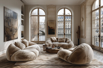 Elegant Parisian interior design with minimalist principles, featuring velvet upholstery and intricate details, creating a serene and clutter-free living space that emphasizes simplicity and sophistic