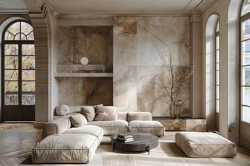 Elegant Parisian interior design with minimalist principles, featuring velvet upholstery and intricate details, creating a serene and clutter-free living space that emphasizes simplicity and sophistic