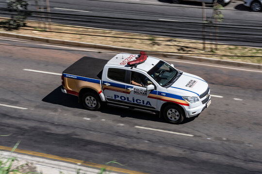Brazilian police pickup truck high angle view, Law enforcement vehicle on patrol