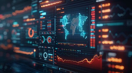 Obraz premium Global Financial Growth Data Interface with Investment Graph, World Map, and Business Icons Background