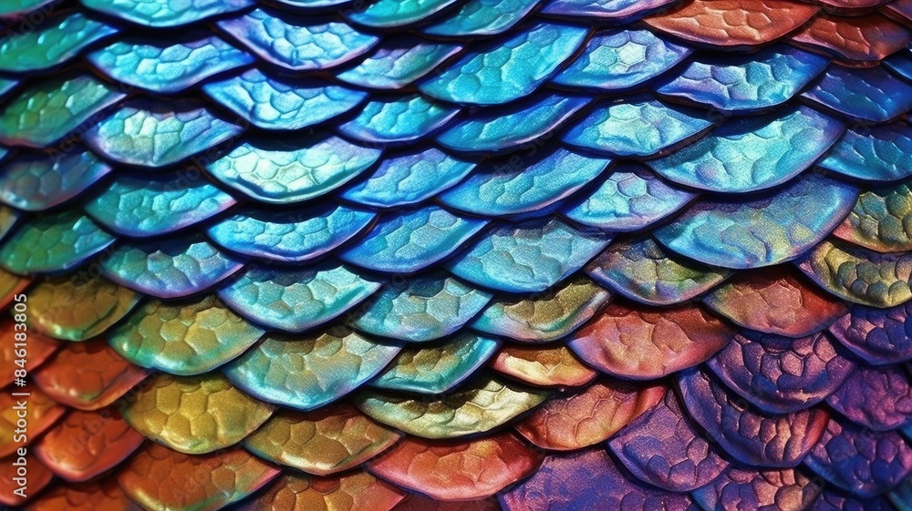 Poster iridescent scales texture with vibrant colors. shiny metallic scale with colorful multicolored vibra