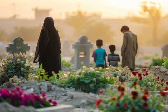 A family visiting the graves of loved ones to offer prayers and respects during Eid Adha