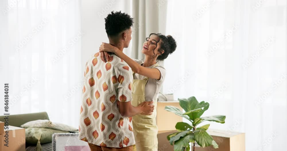 Sticker Happy couple, hug and dancing with love in care, support or anniversary in living room together at home. Young man and woman enjoying music, bonding or embrace in lounge for romance or date at house