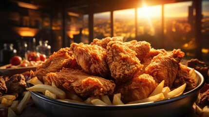 Fototapeta premium Buffalo wings with melted hot sauce on a wooden table with a blurred background