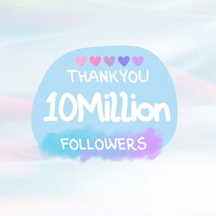 10 million Followers thank you post design with soft pastel colors and  colorful hearts on sky blue background with pink shades