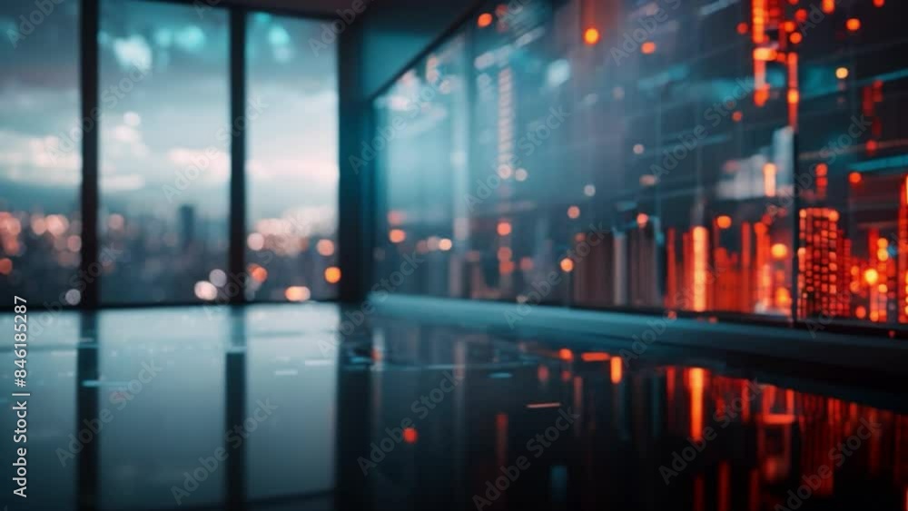 Poster a digital display of data and graphs fills a wall of a modern office space. the window offers a blur