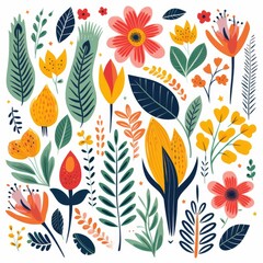 Creative Jungle Foliage and Cartoon Flowers Vector Design on White
