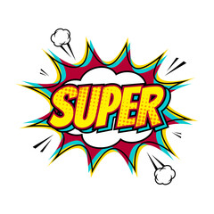 Comic style cool cartoon book poster, super speech bubble, joyful expression