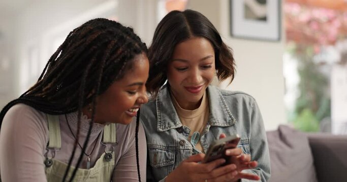 Girl, friends or funny with phone on couch for social media meme, online video or laughing for text message joke in home. Gen z, people or comedy on smartphone in lounge for gossip site or comic post