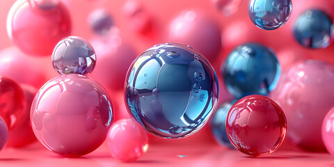 Abstract Background for Banner With 3d Blue Turquoise and Pink Spheres, Blue and Pink Bubble Easter Eggs Ballon Ball on a Pink Background, Copy Space for Text - 3D Render