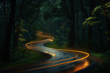 Colorful light trails car with motion effect. Illustration of high speed light effect on forest background.