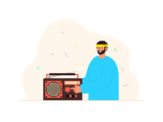Man holding boombox. 80's vector illustration