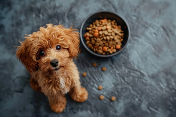 A dog sitting on floor looking up a bowl of cat food.