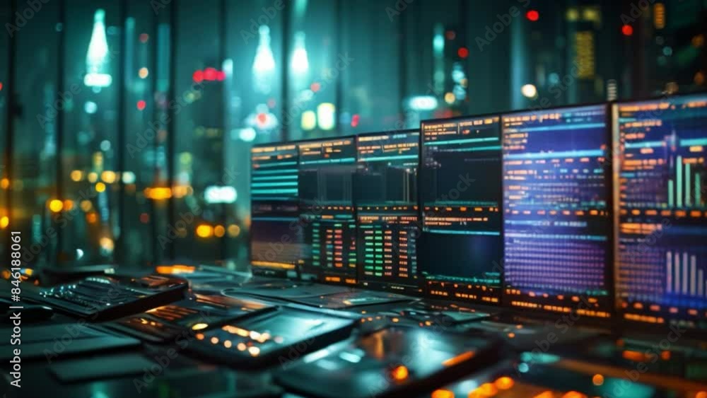 Poster a close-up shot of several monitors displaying financial data, with a blurred cityscape visible in t