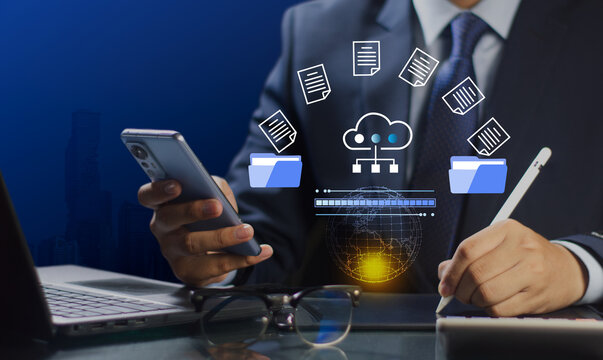  (FTP)  file transfer protocol and backup data, document management system, transfer file data between folders, exchange information and data with Internet cloud technology concept