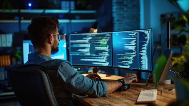 A software developer works on code late into the night, illuminated by the glow of multiple computer screens in a modern office. AIG41