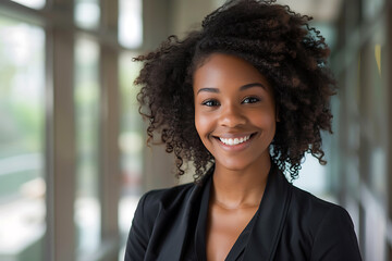 happy woman with smile for professional job in office, smiling office portrait person indoor