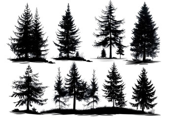 set of silhouettes of pine trees