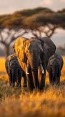 Fototapeta premium A family of elephants walking together in the savannah. 