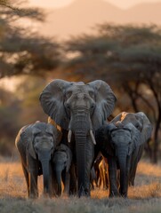 Naklejka premium A family of elephants walking together in the savannah. 
