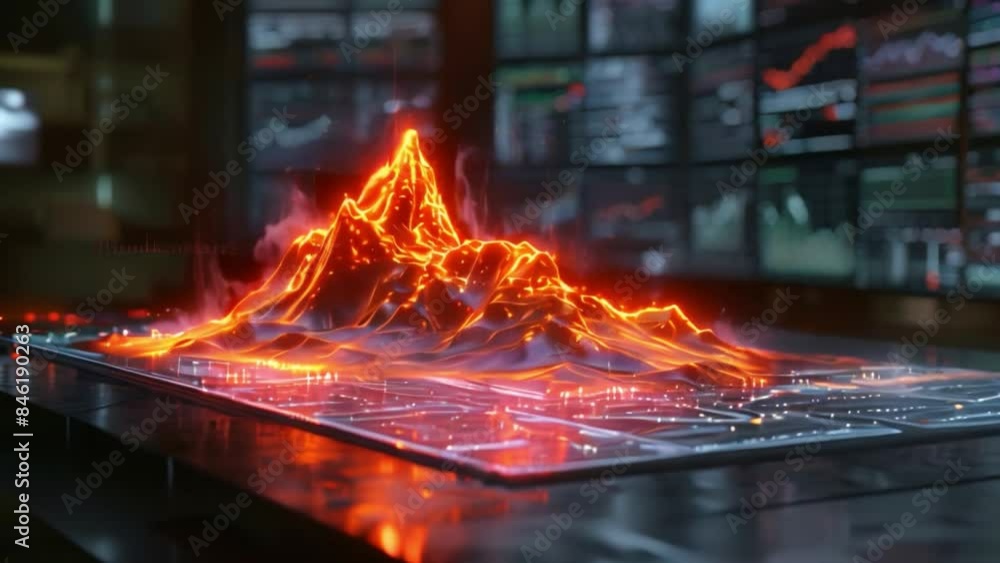Aufkleber a digital mountain range is displayed on a glass surface in front of a wall of monitors, with charts
