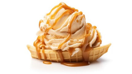 Caramel Ice Cream with caramel parts on white background 