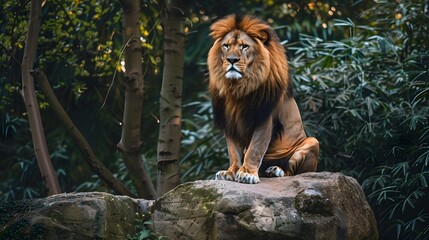 Naklejka premium Majestic Lion Sitting on Rock Surrounded by Green Trees
