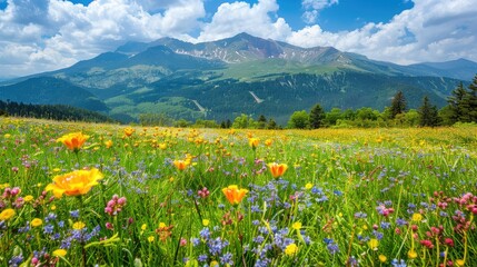 Obraz premium Idyllic mountain landscape with blooming meadows in summer springtime