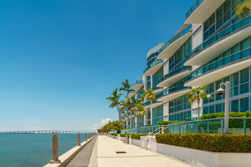 Pedestrian walkway in Brickell. View of Biscayne Bay. Miami, Florida, USA