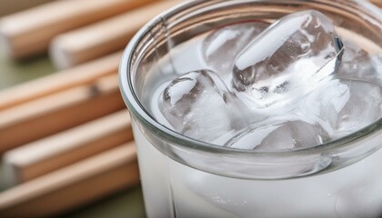 Ice filled in a transparent glass cup. close up