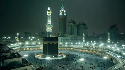Location of the Hajj rite including a Grand Mosque facsimile with Arabic text reading Asmaul Husna and several Quranic passages on the Kaaba wall © EvaSenDesign
